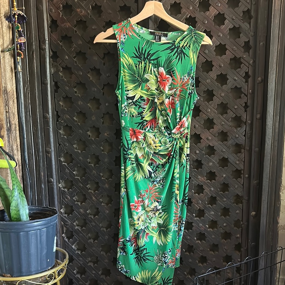 Forever 21 Green Ruched Asymmetrical Sheath Dress